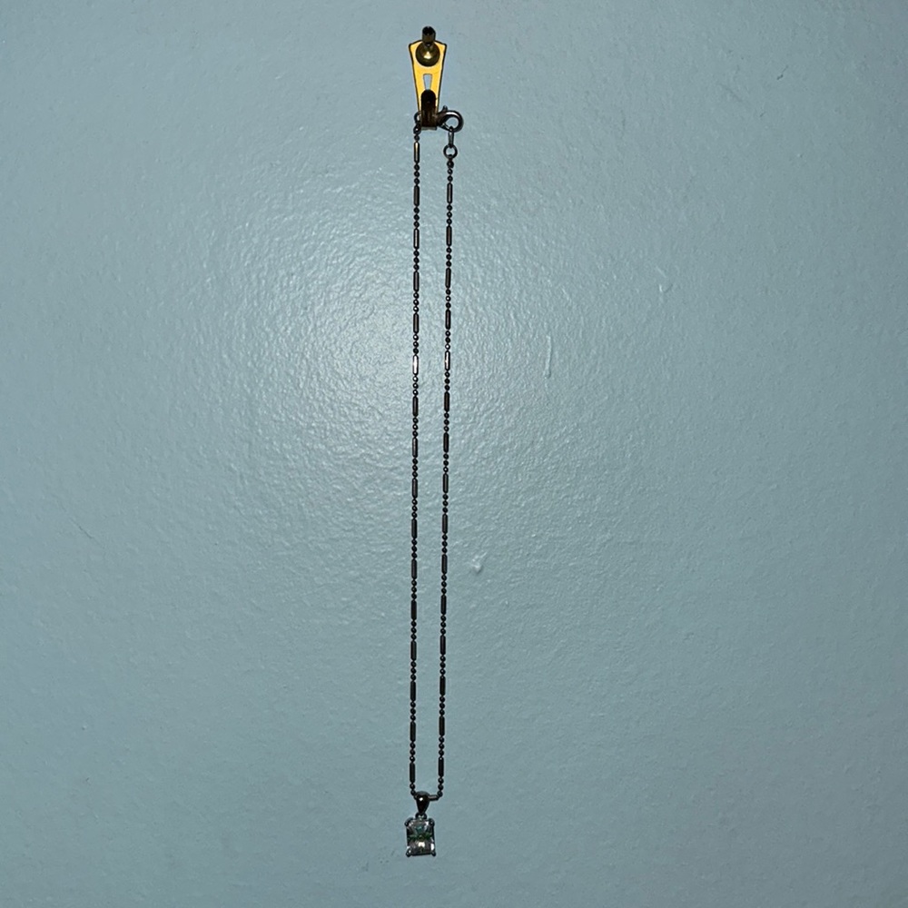 Silver Necklace with Square Clear and Green Pennant